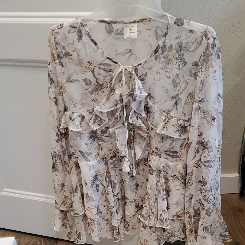 By Together Floral Ruffle Blouse - Cream and Brown